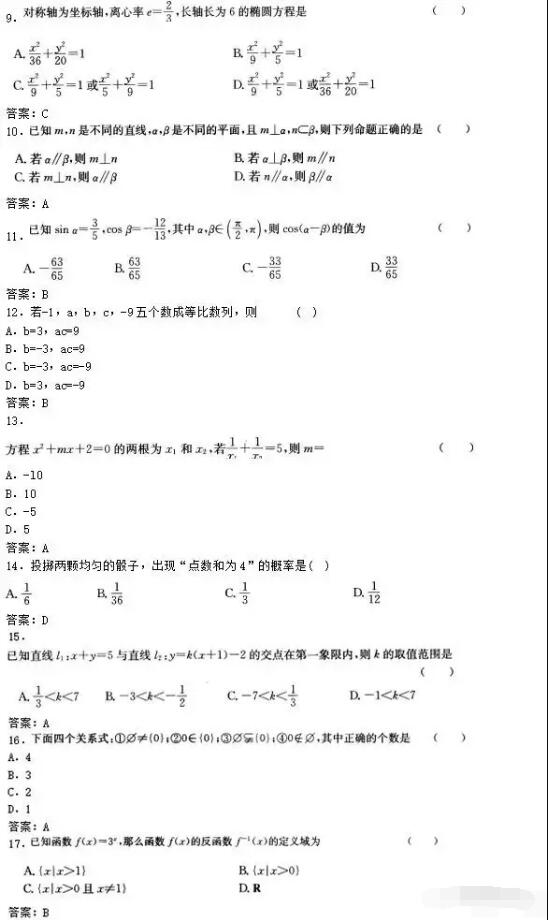 歷年福州成人高考高起專數學(理科)考試模擬試題及答案(一)